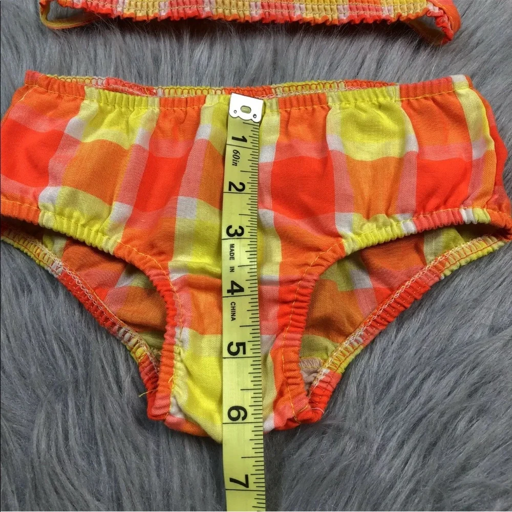 Vintage Baby Girls 70s Orange Yellow Plaid Cotton Bikini
